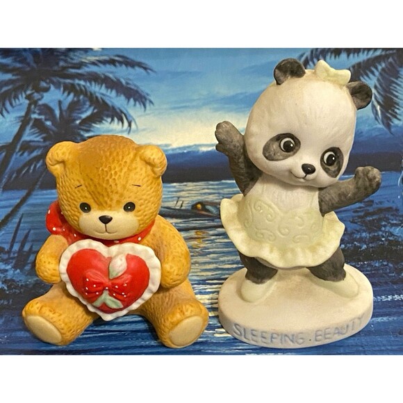VTG Set 2 Enesco Lucy and Me Bear Holding Heart & Sleeping Beauty Panda Bear EUC - Picture 1 of 16